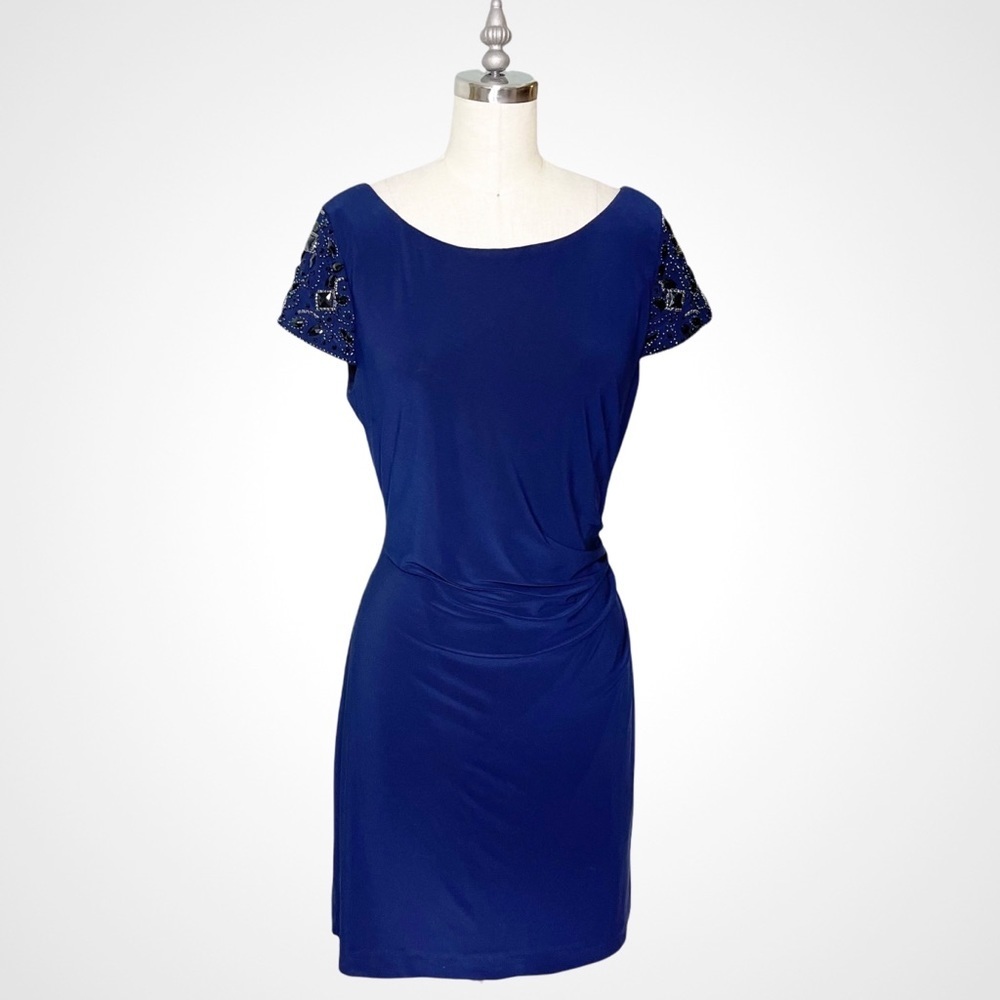 Eliza J Ruched Sheath Dress Formal Party Navy Blue 12 Large - Picture 10 of 10